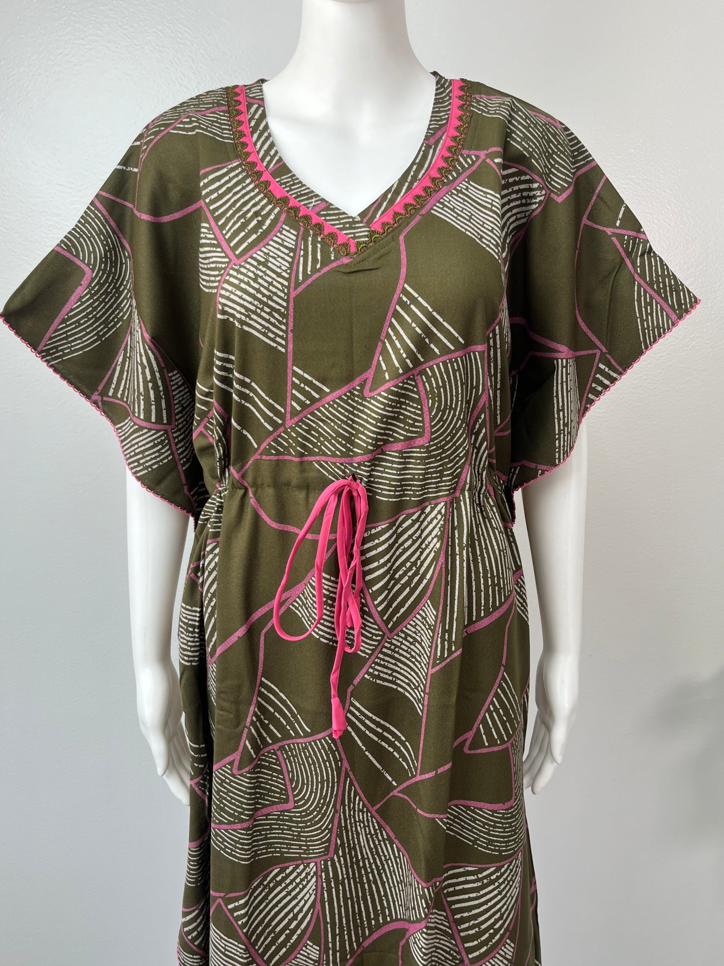 Olive Green Soft Alpine Kaftan with Pink Embroidery