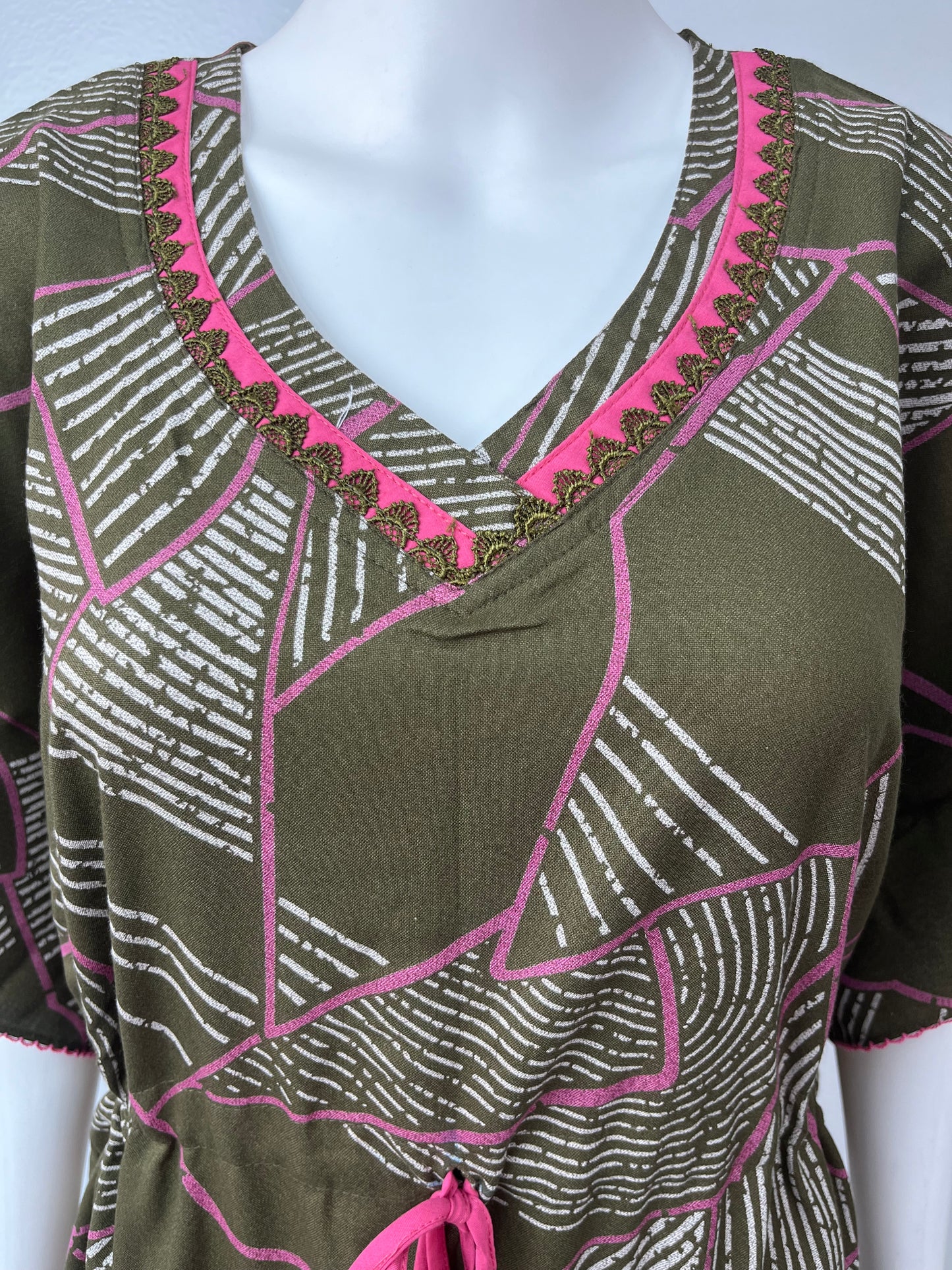 Olive Green Soft Alpine Kaftan with Pink Embroidery