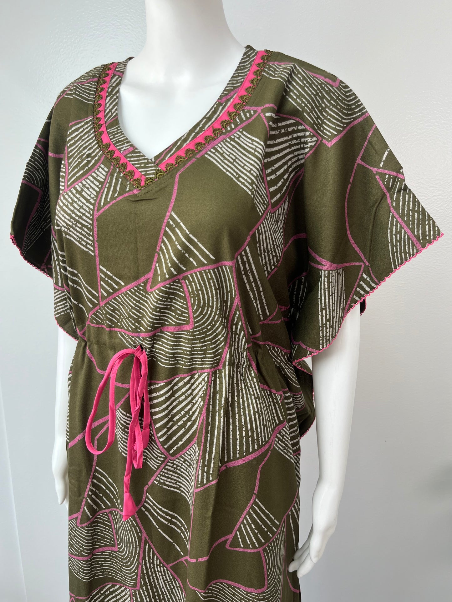 Olive Green Soft Alpine Kaftan with Pink Embroidery