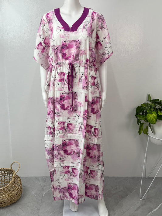 White Printed Premium Rayon Fabric Kaftan