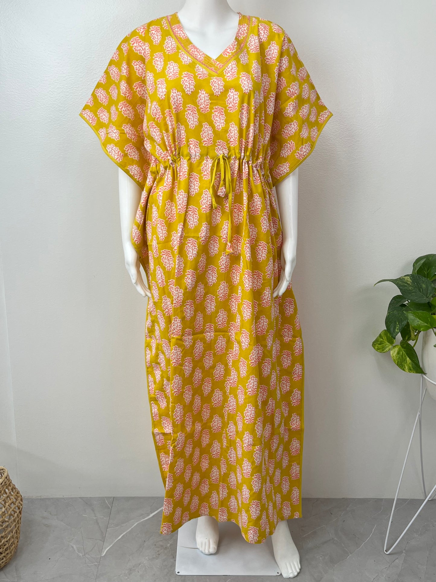Yellow Printed Soft Pure Cotton Kaftan for Women