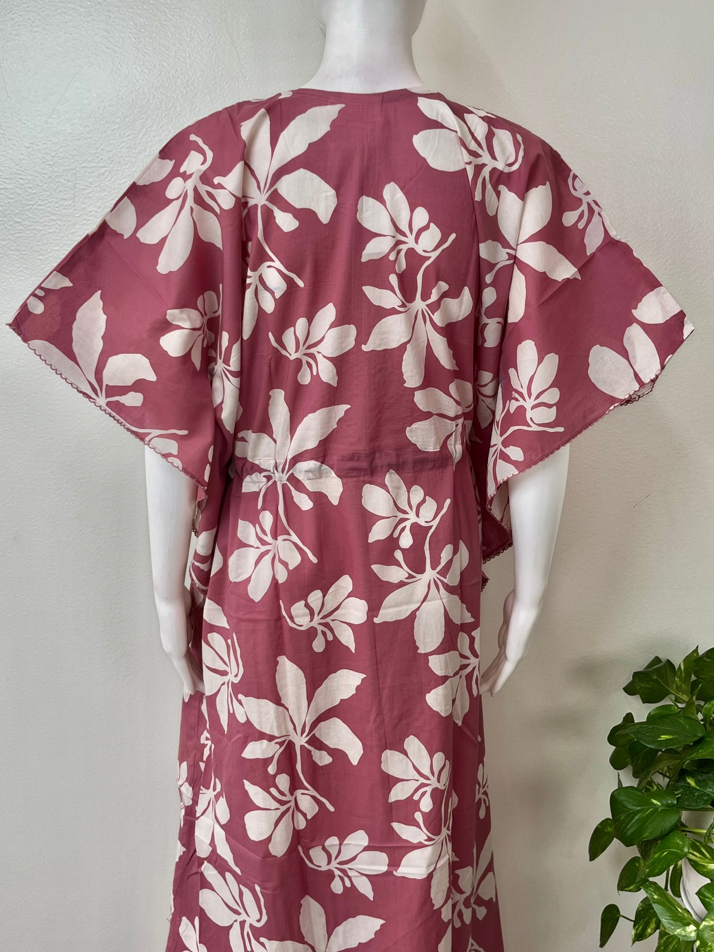 Pink Cambric Cotton Embroidered Kaftan Nighty