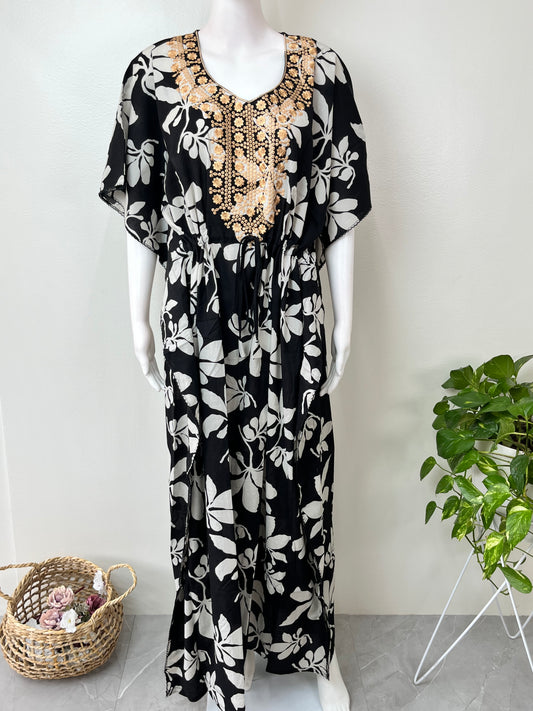 Black Elegant Embroidered Cambric Cotton Kaftan