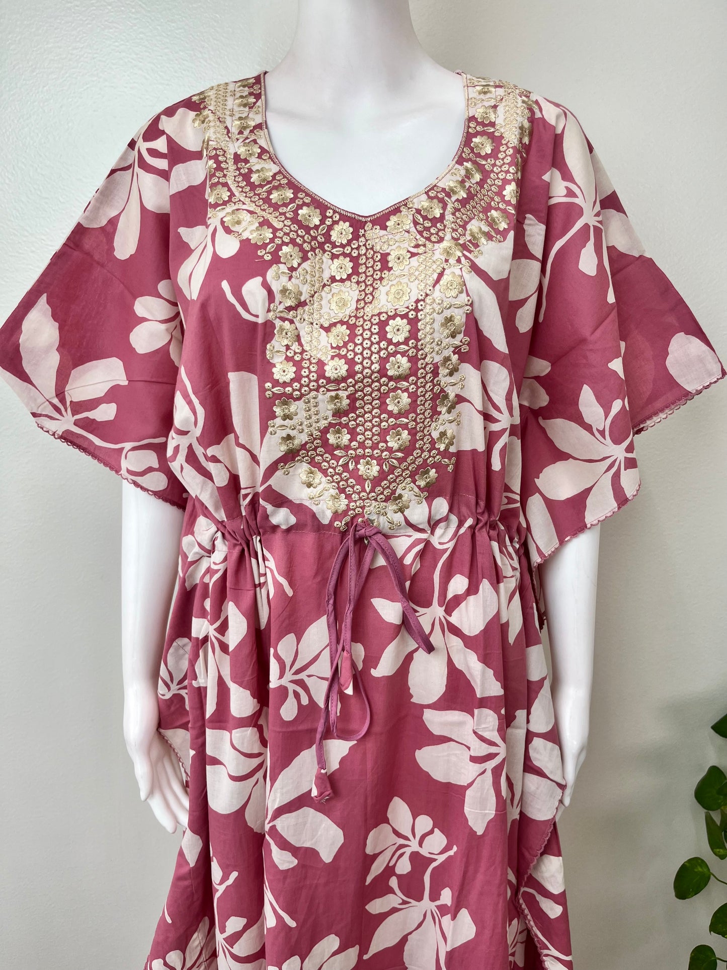 Pink Cambric Cotton Embroidered Kaftan Nighty