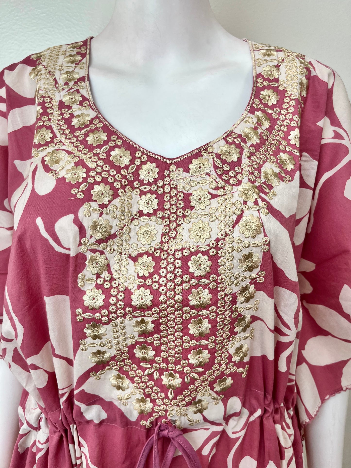Pink Cambric Cotton Embroidered Kaftan Nighty