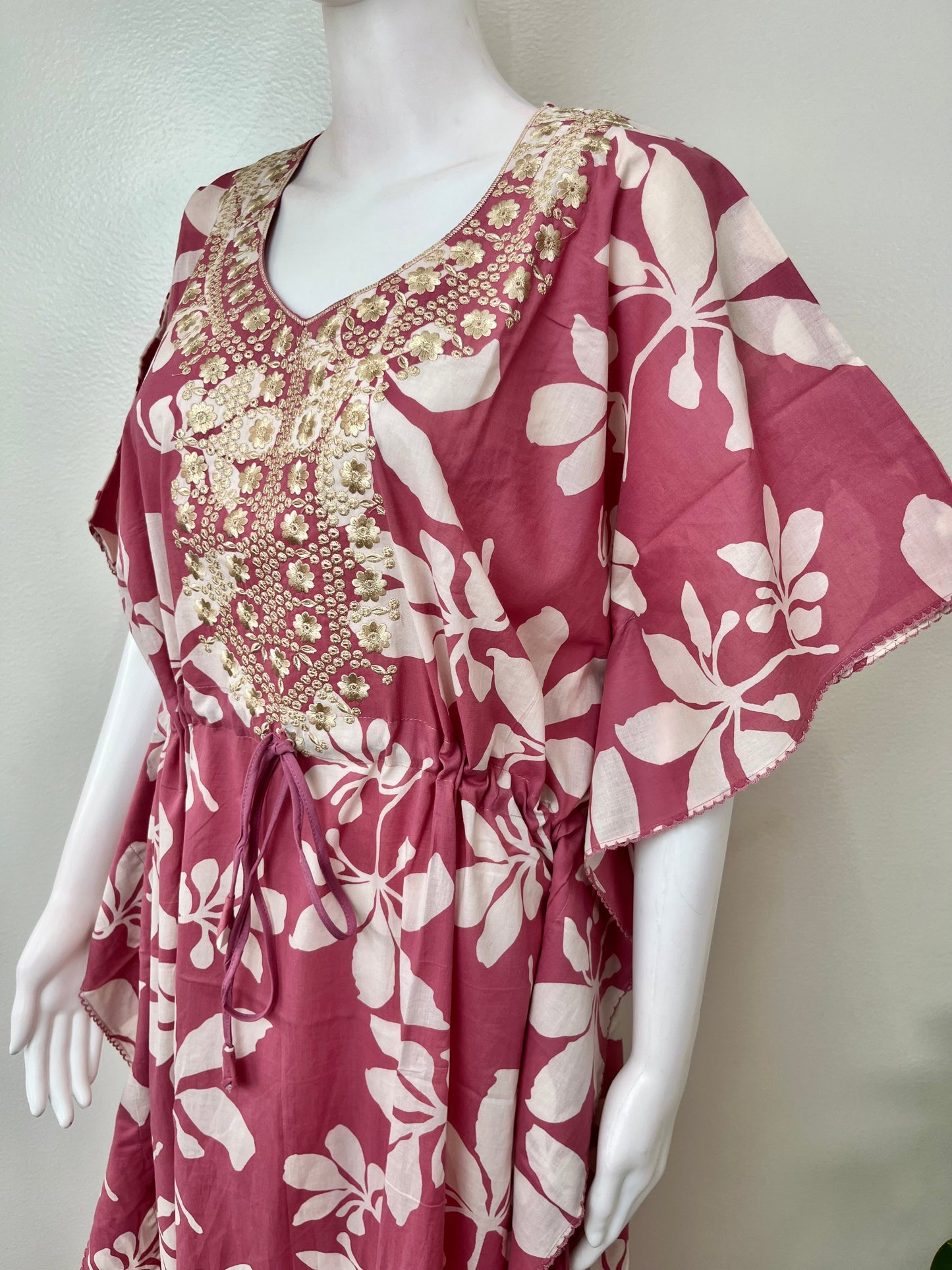 Pink Cambric Cotton Embroidered Kaftan Nighty