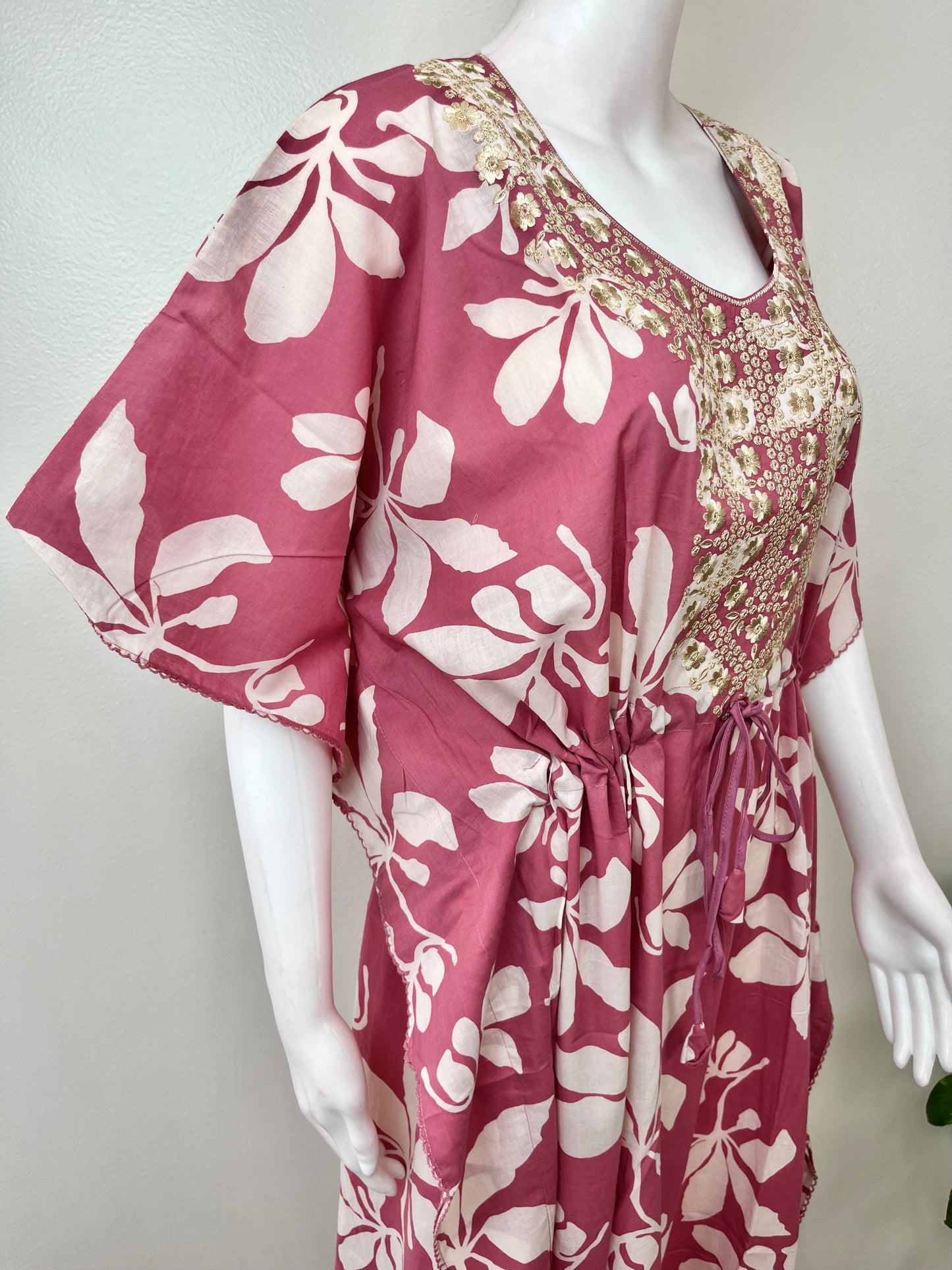 Pink Cambric Cotton Embroidered Kaftan Nighty