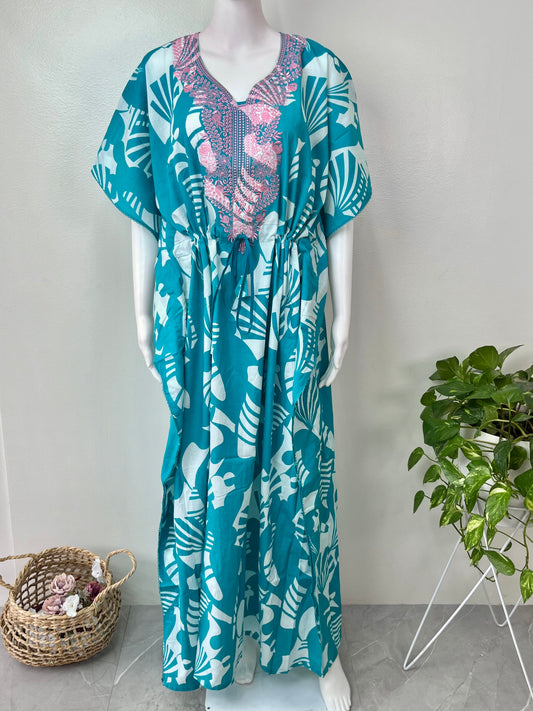 Teal Classic Embroidery Cambric Cotton Kaftan