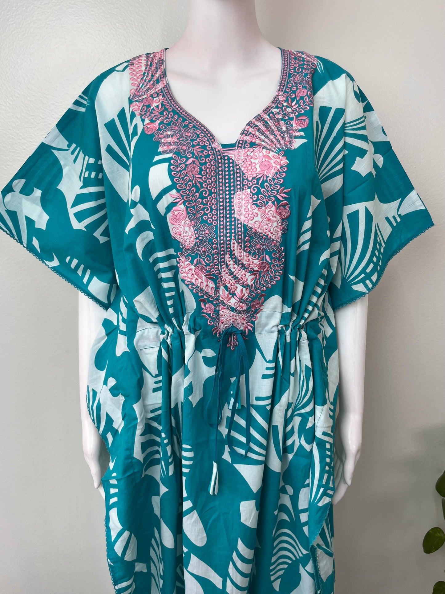 Teal Classic Embroidery Cambric Cotton Kaftan
