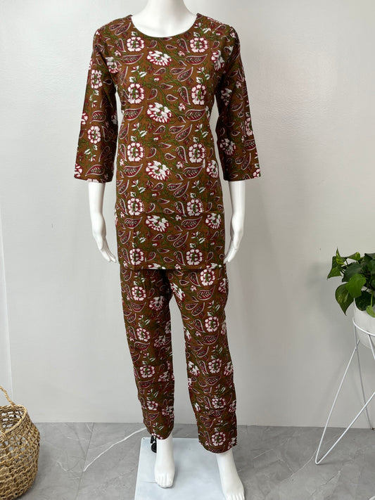 Olive Floral Pure Cotton Women's Night Suit