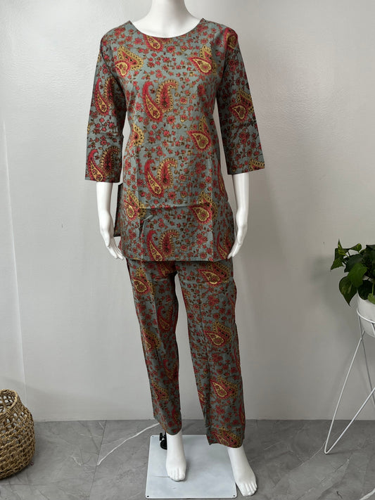 Bohemian Paisley Cotton Night Suit Top & Bottom Set