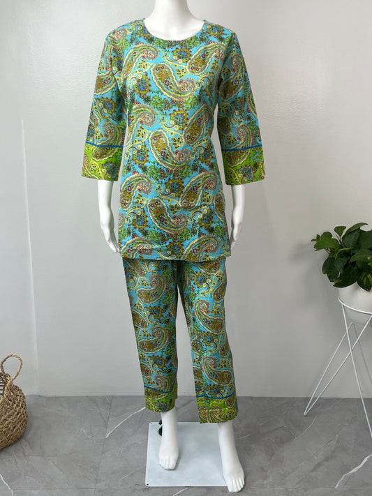 Tropical Bliss Green Pure Cotton Night Suit- Co-ord style