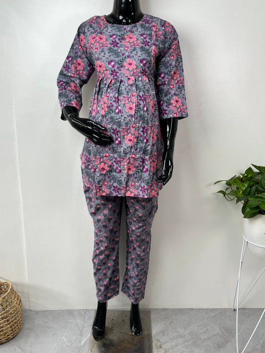 Grey & Pink Pure Cotton Fabric Maternity Co-ord Set