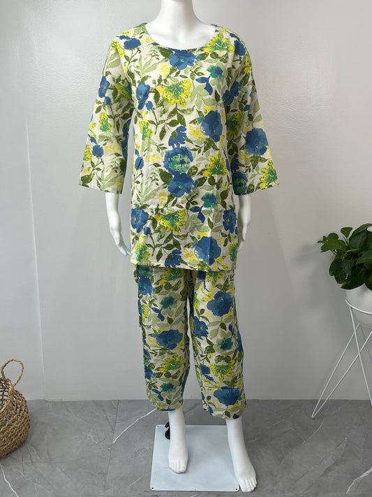 Blue Blossom Khadi Cotton Night Suit