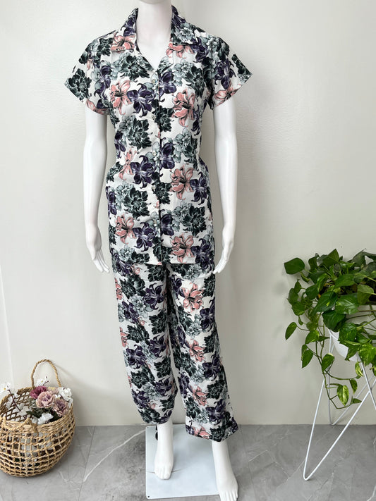 Floral Printed Rayon Button-Down Night Suit