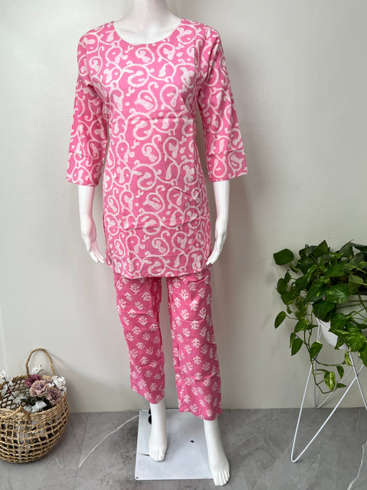 Pink Women's Cotton Co-ord Night Suit