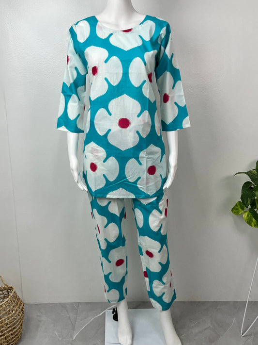 Aqua Bloom Cotton Night Suit for Women