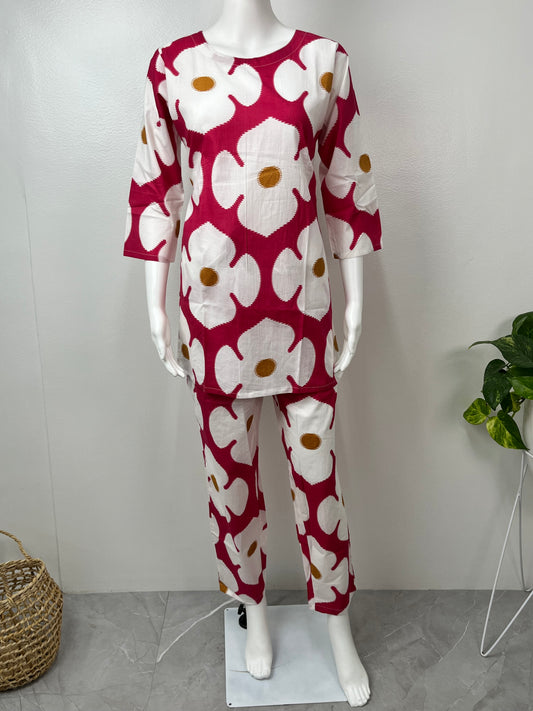 Red Blossom Cotton Nightwear Set for Women