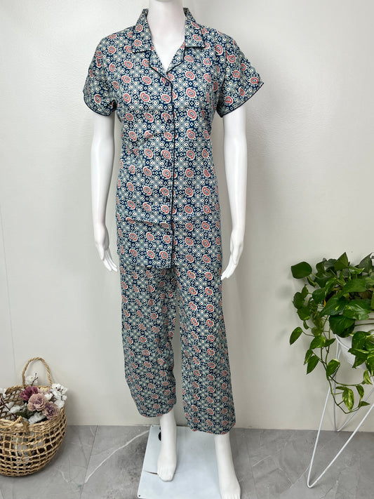 Navy Blue Cotton Button-Down Night Suit