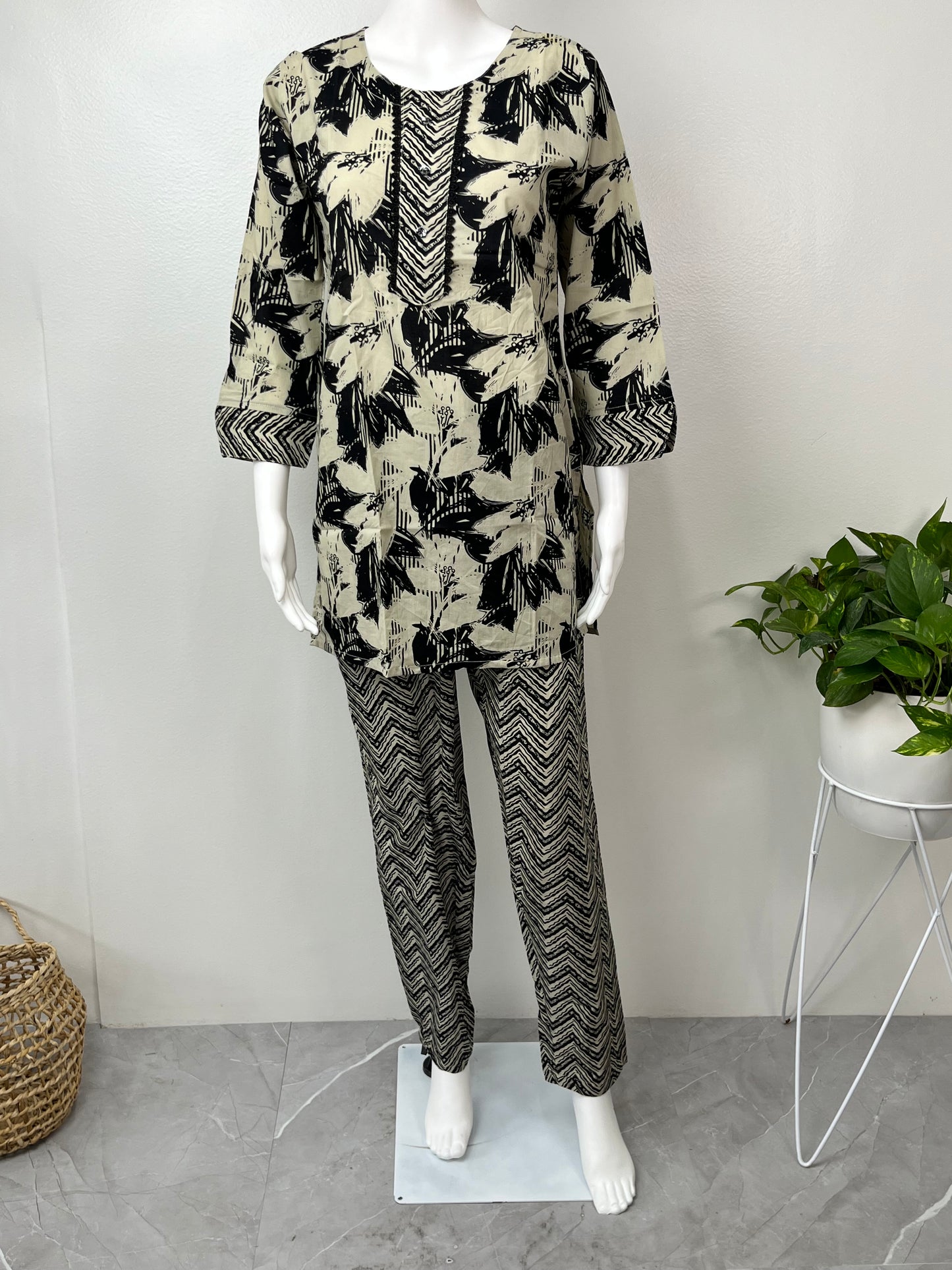 Black Printed Pure Cotton Loungewear Set