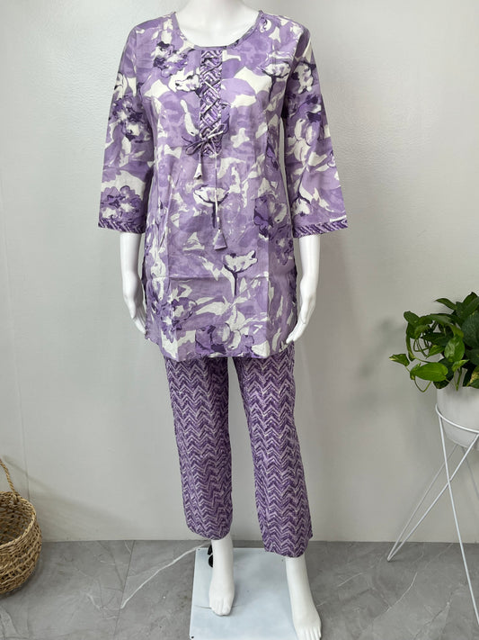 Lavender Bloom Cotton Night Suit Top & Bottom Set