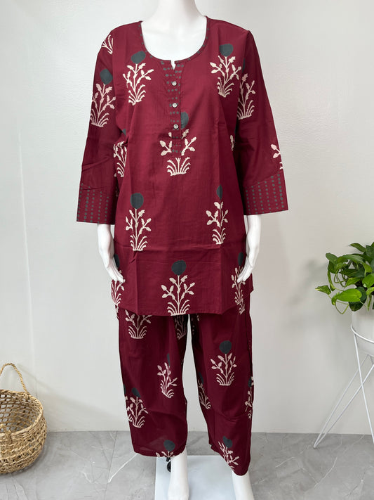 Crimson Bloom Pure Cotton Night Suit