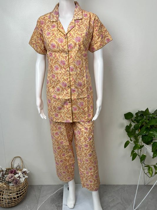 Women's Cotton Pyjama Set- Night Suit in Yellow
