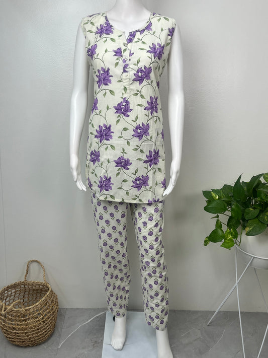 Lavender Field Sleeveless Cotton Co-ord Night Suit