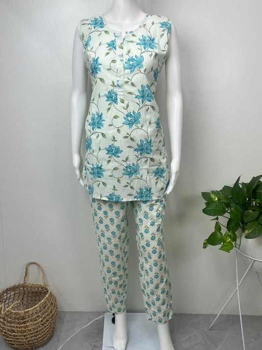 Blue Floral Sleeveless Pure Cotton Night Suit-Co-ord style