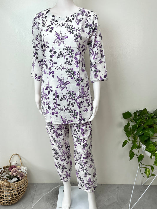 Purple Women's Cotton Co-ord Night Suit