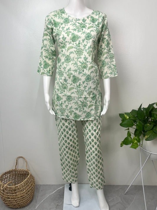 Green Floral Pure Cotton Night Suit Top & Bottom Set