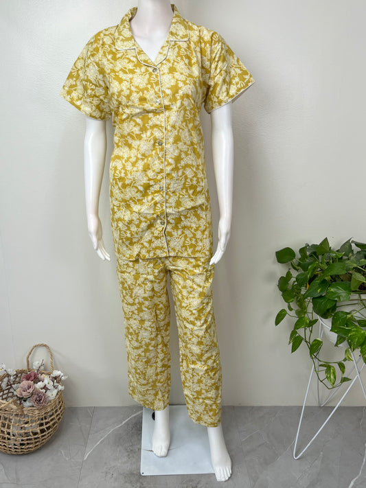 Yellow Cotton Button-Down Night Suit