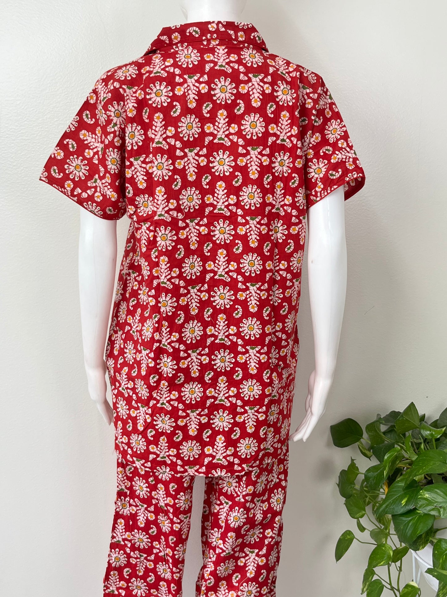 Red Cotton Button-Down Night Suit