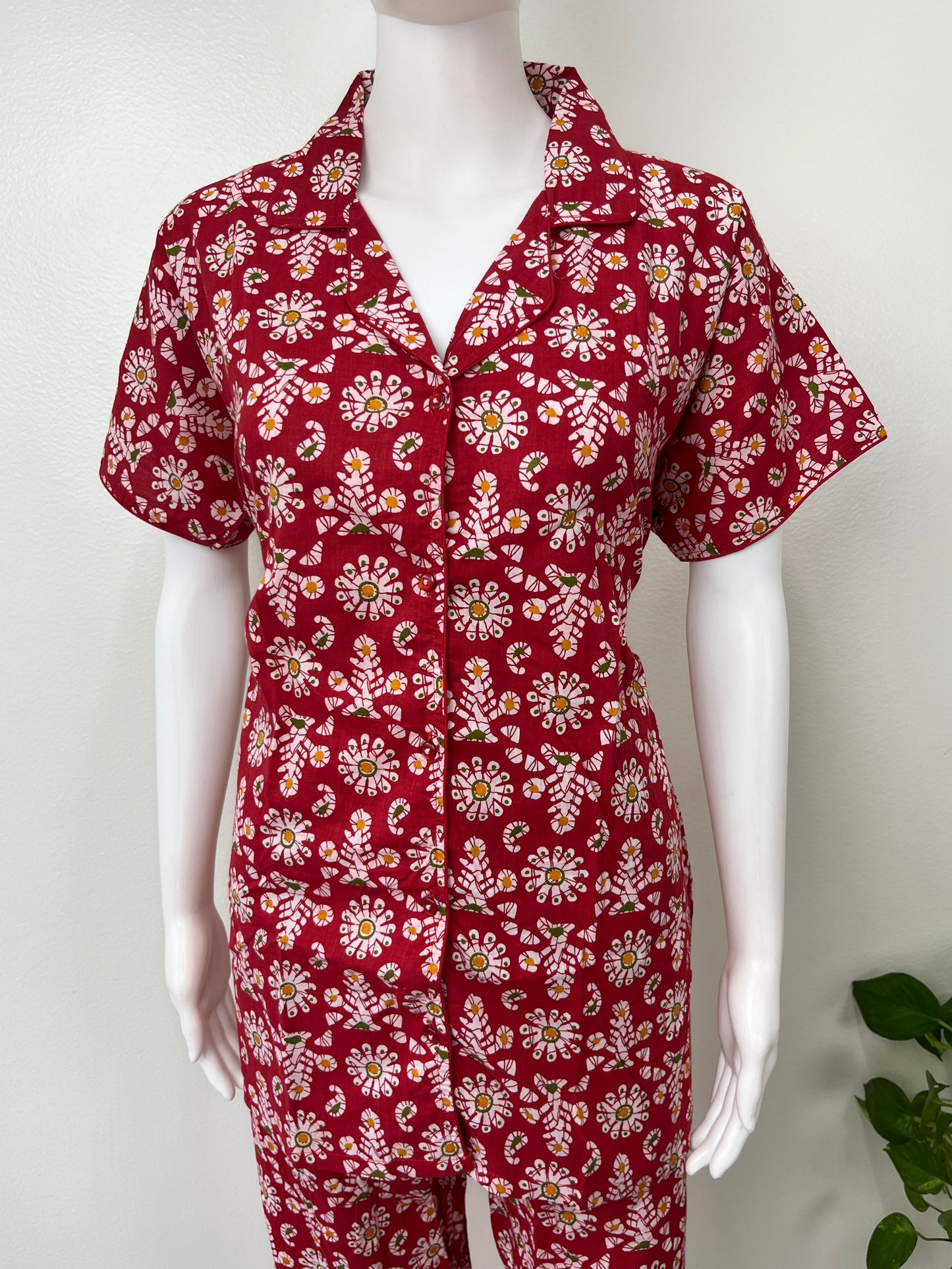 Red Cotton Button-Down Night Suit