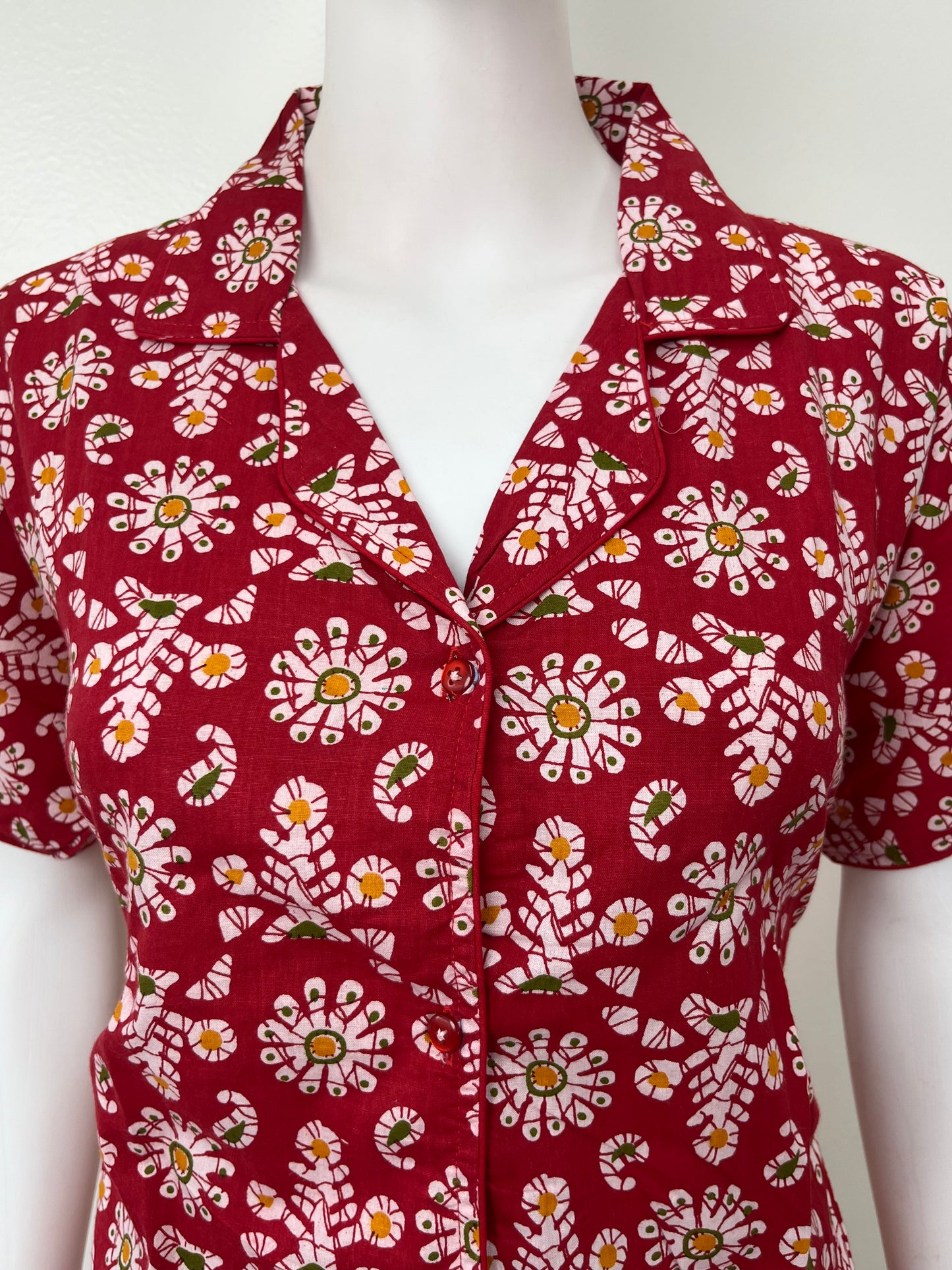 Red Cotton Button-Down Night Suit