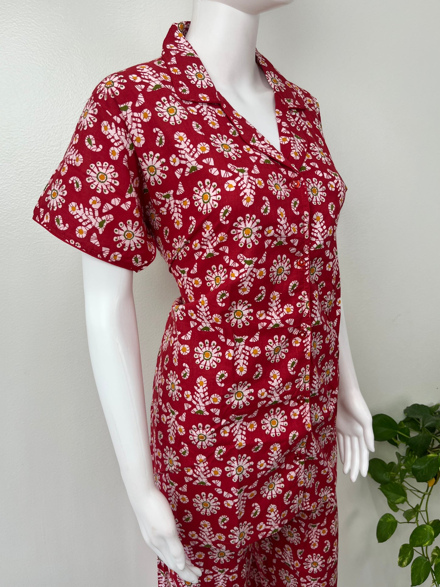 Red Cotton Button-Down Night Suit