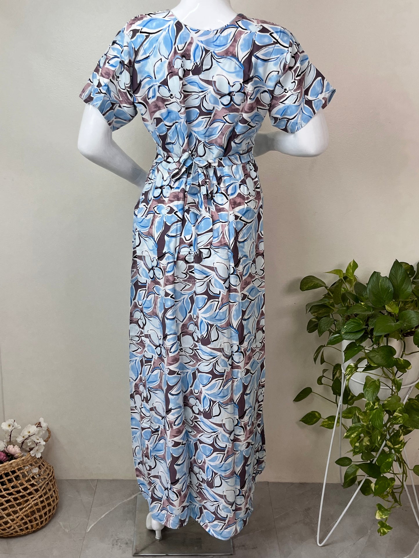 Rayon Fabric Blue & Brown Feeding Gown for Women