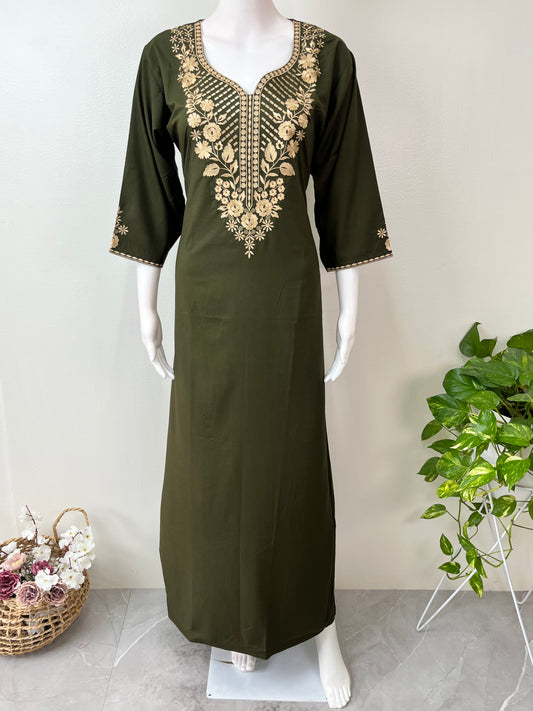 Bottle Green Delicate Embroidery 3/4th Bizzylizzy Nighty