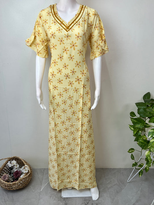 Lemon Yellow Floral Printed Rayon Fabric Nighty