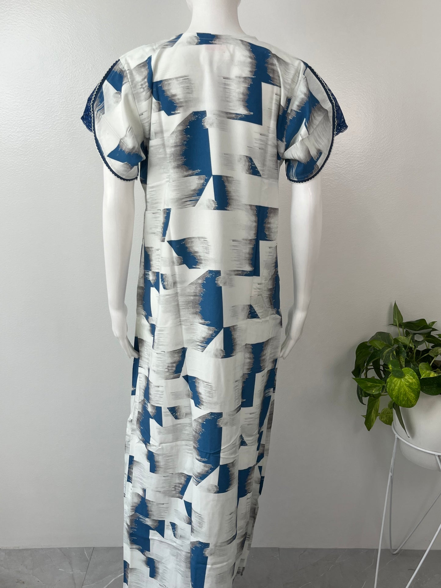 White & Blue Printed Premium Rayon Fabric Nightgown