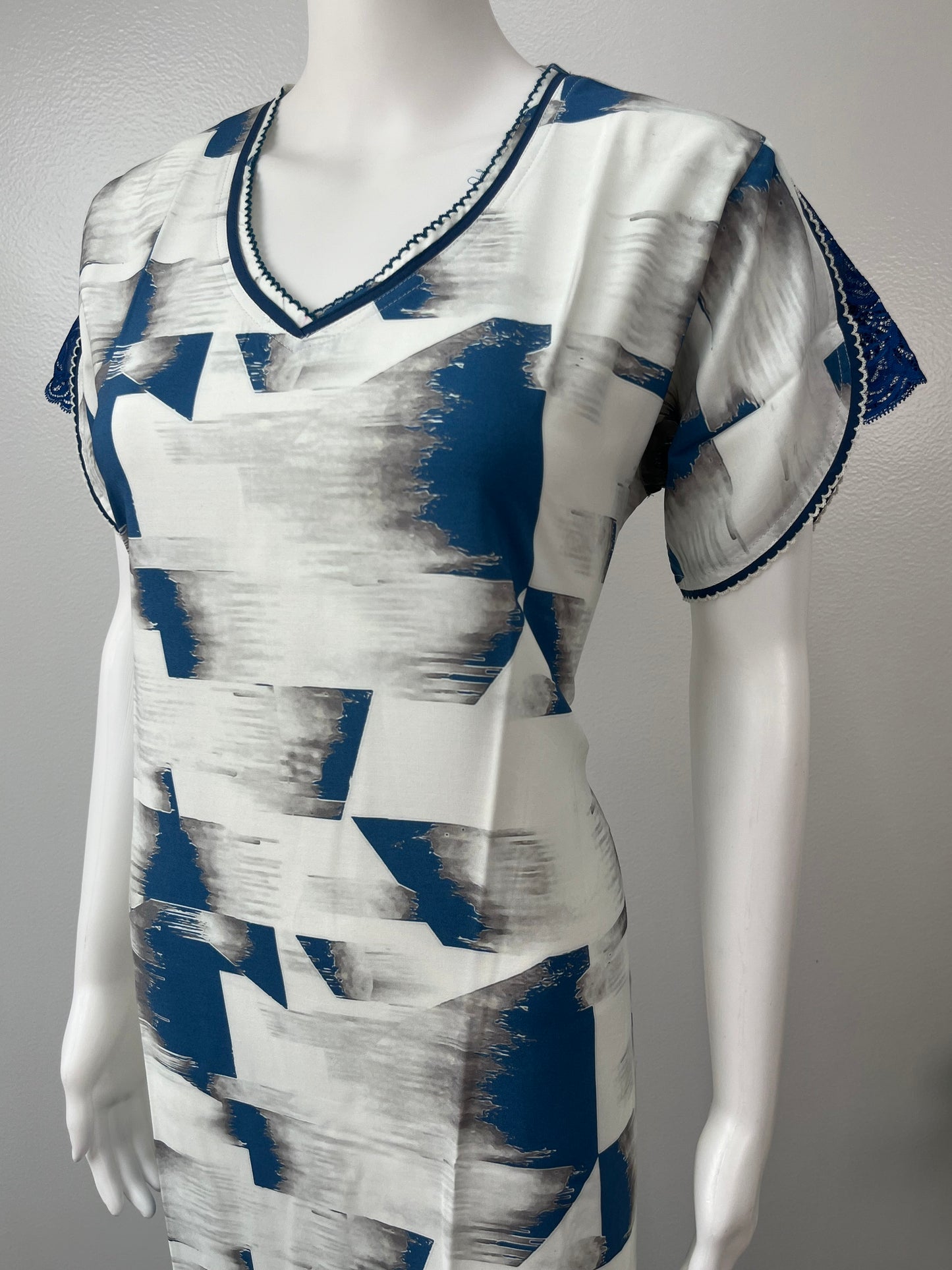 White & Blue Printed Premium Rayon Fabric Nightgown