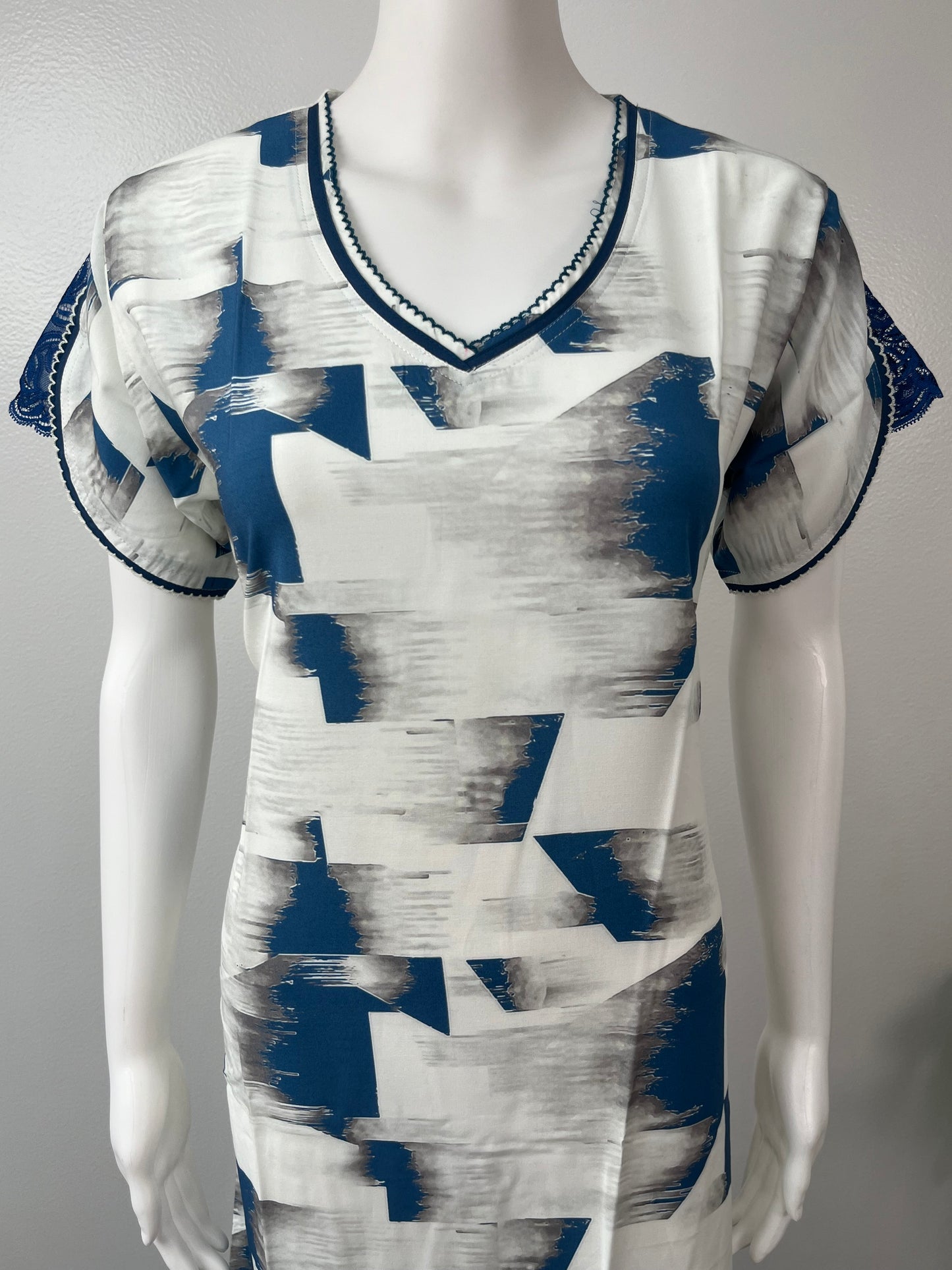 White & Blue Printed Premium Rayon Fabric Nightgown