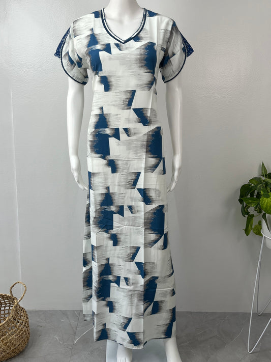 White & Blue Printed Premium Rayon Fabric Nightgown