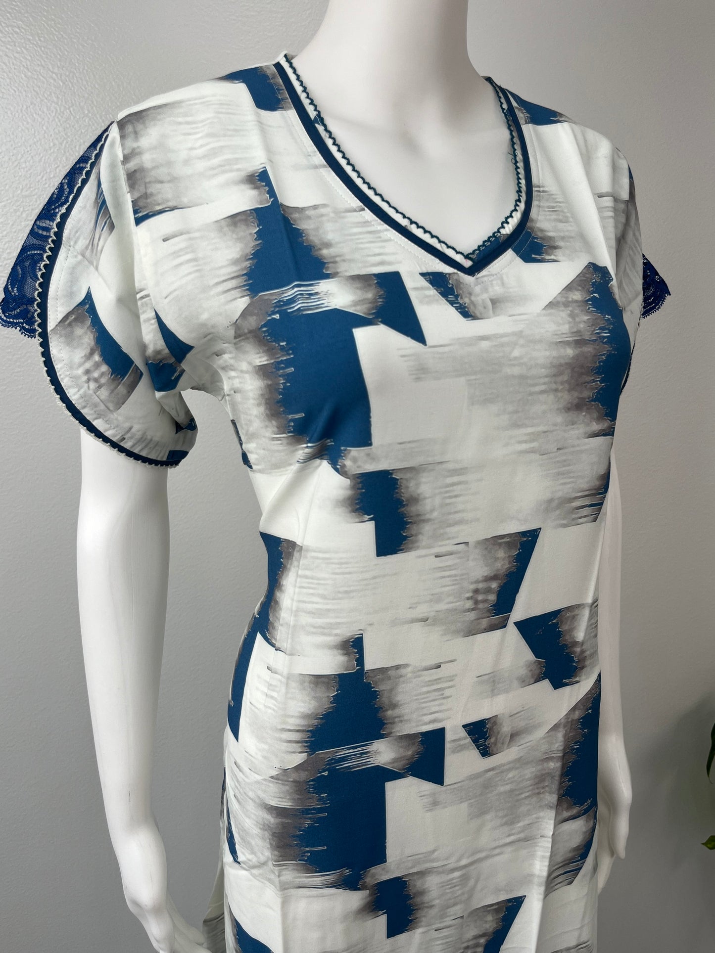 White & Blue Printed Premium Rayon Fabric Nightgown