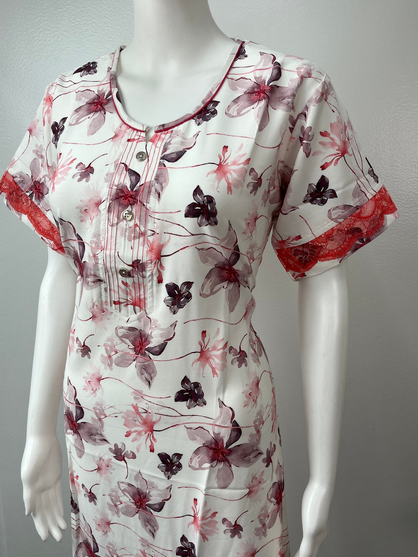 Red Printed Rayon Nighty for Women with Lace