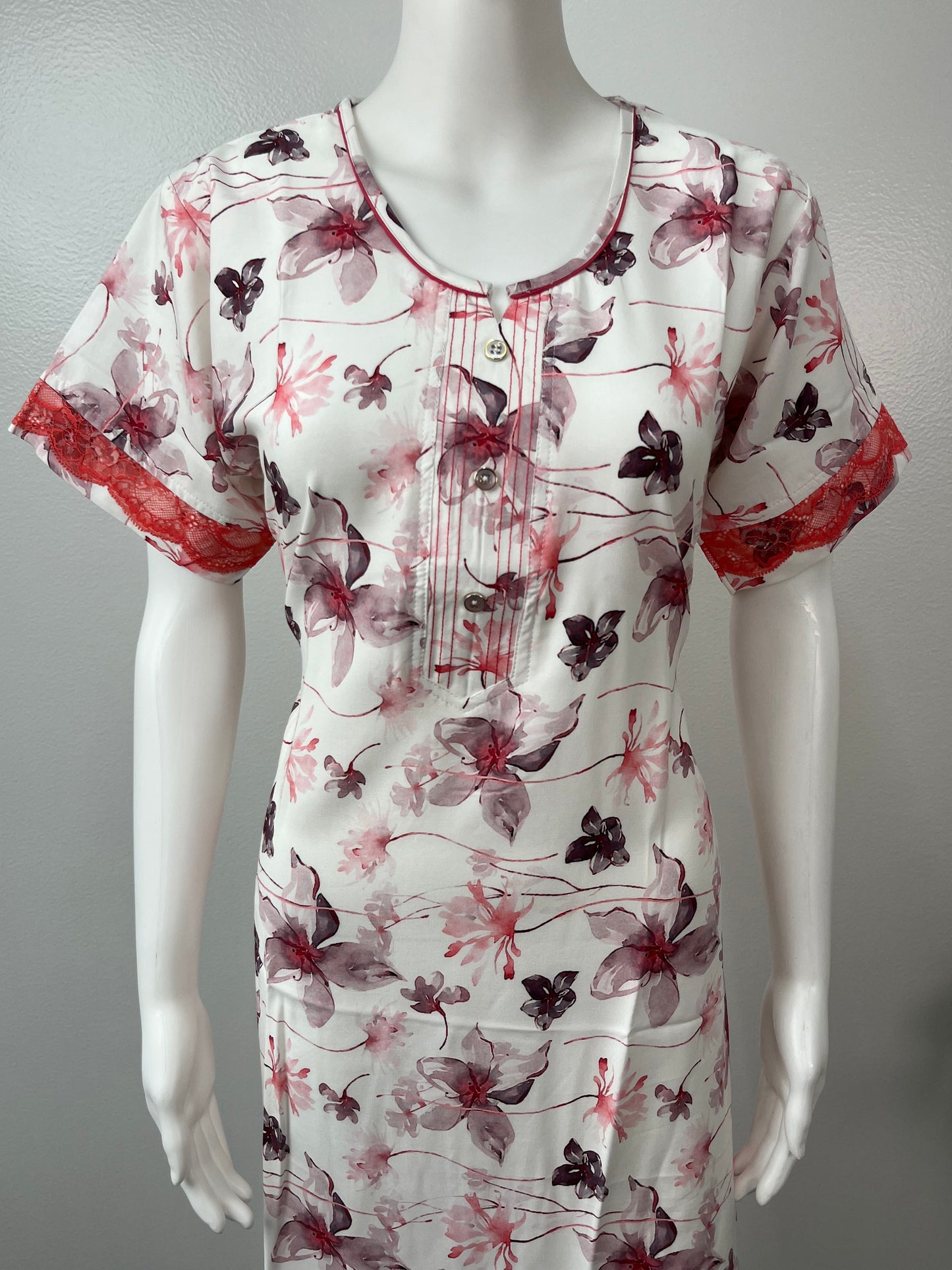 Red Printed Rayon Nighty for Women with Lace