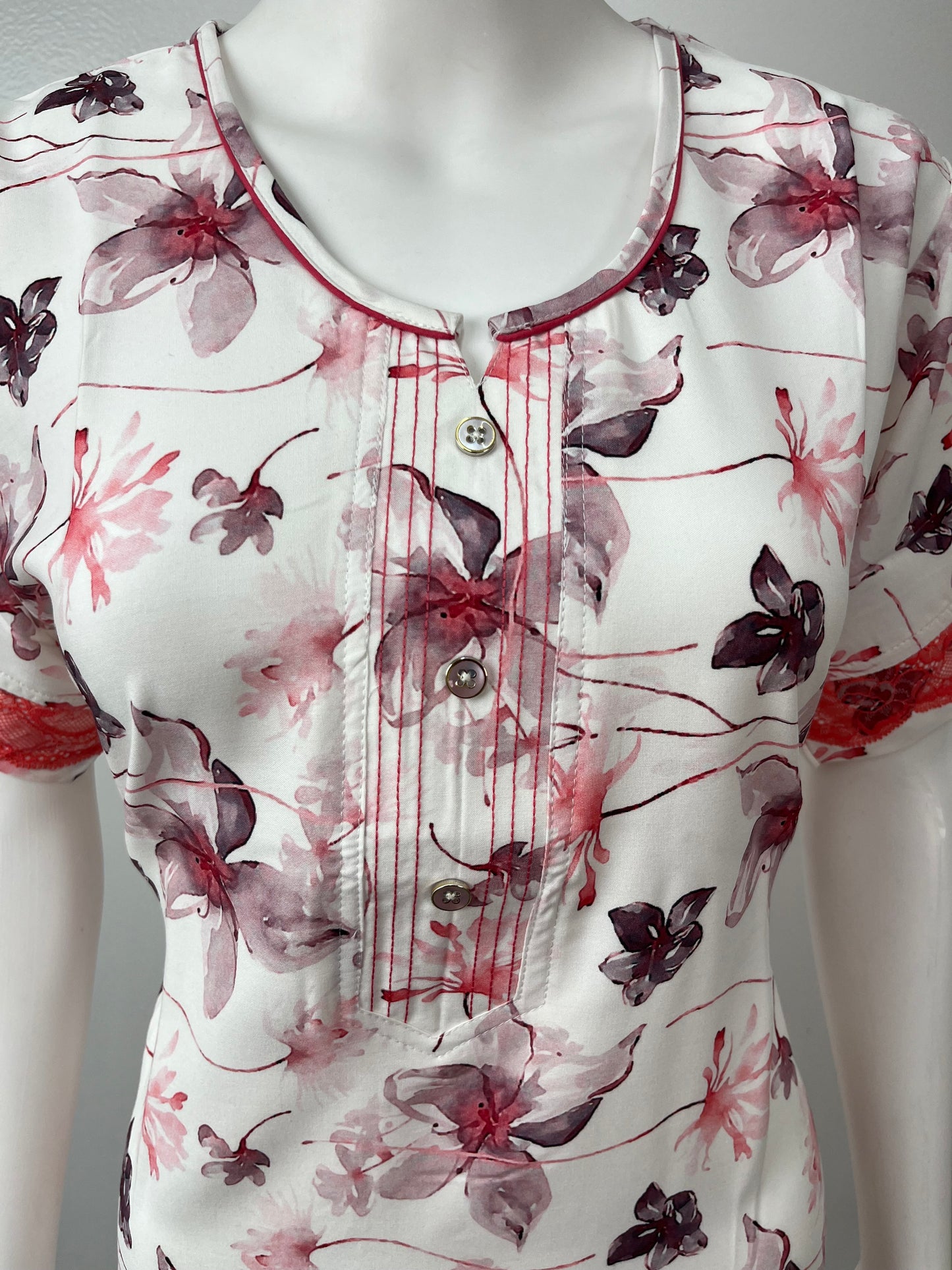 Red Printed Rayon Nighty for Women with Lace