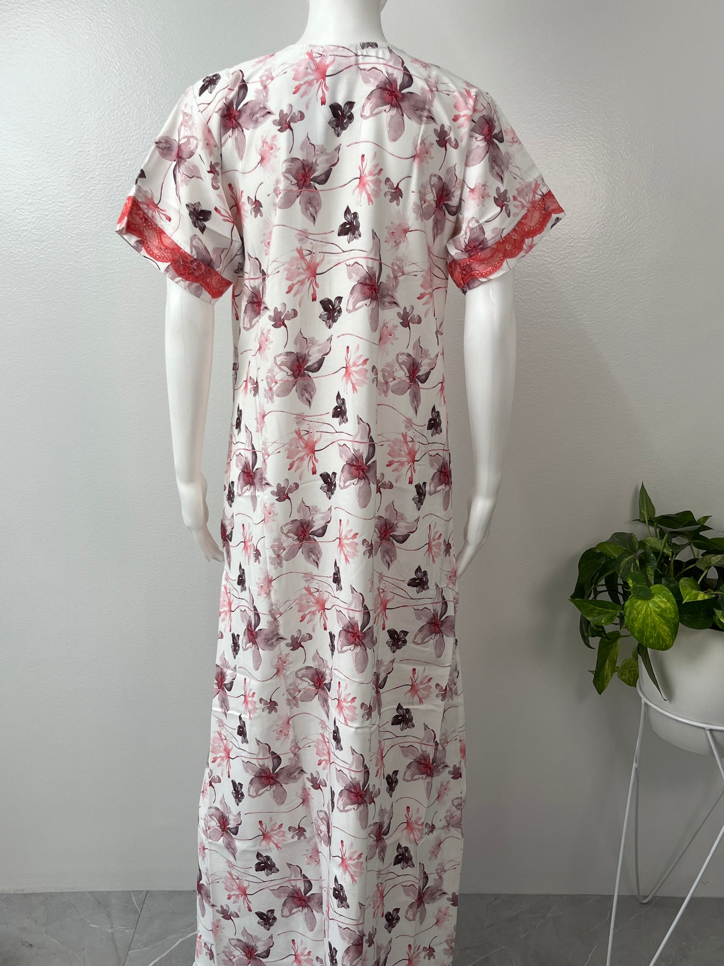 Red Printed Rayon Nighty for Women with Lace