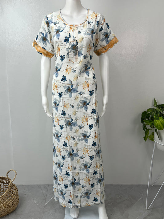 White Floral Printed Rayon Nighty For Women
