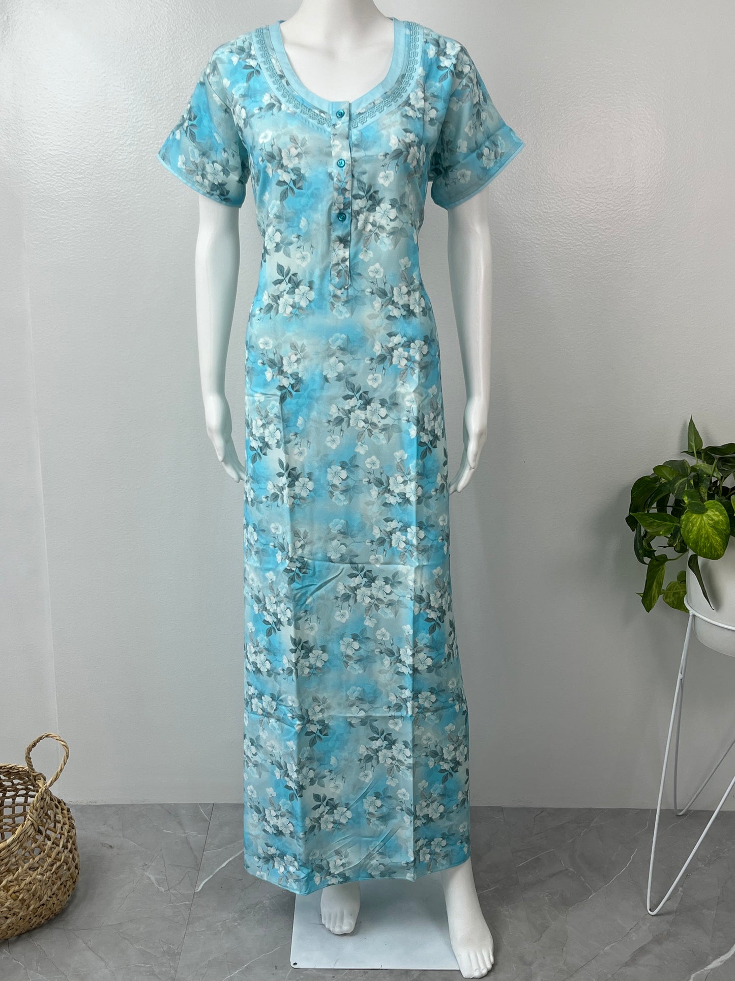 Sky Blue Floral Rayon Fabric Nightgown Silky Texture
